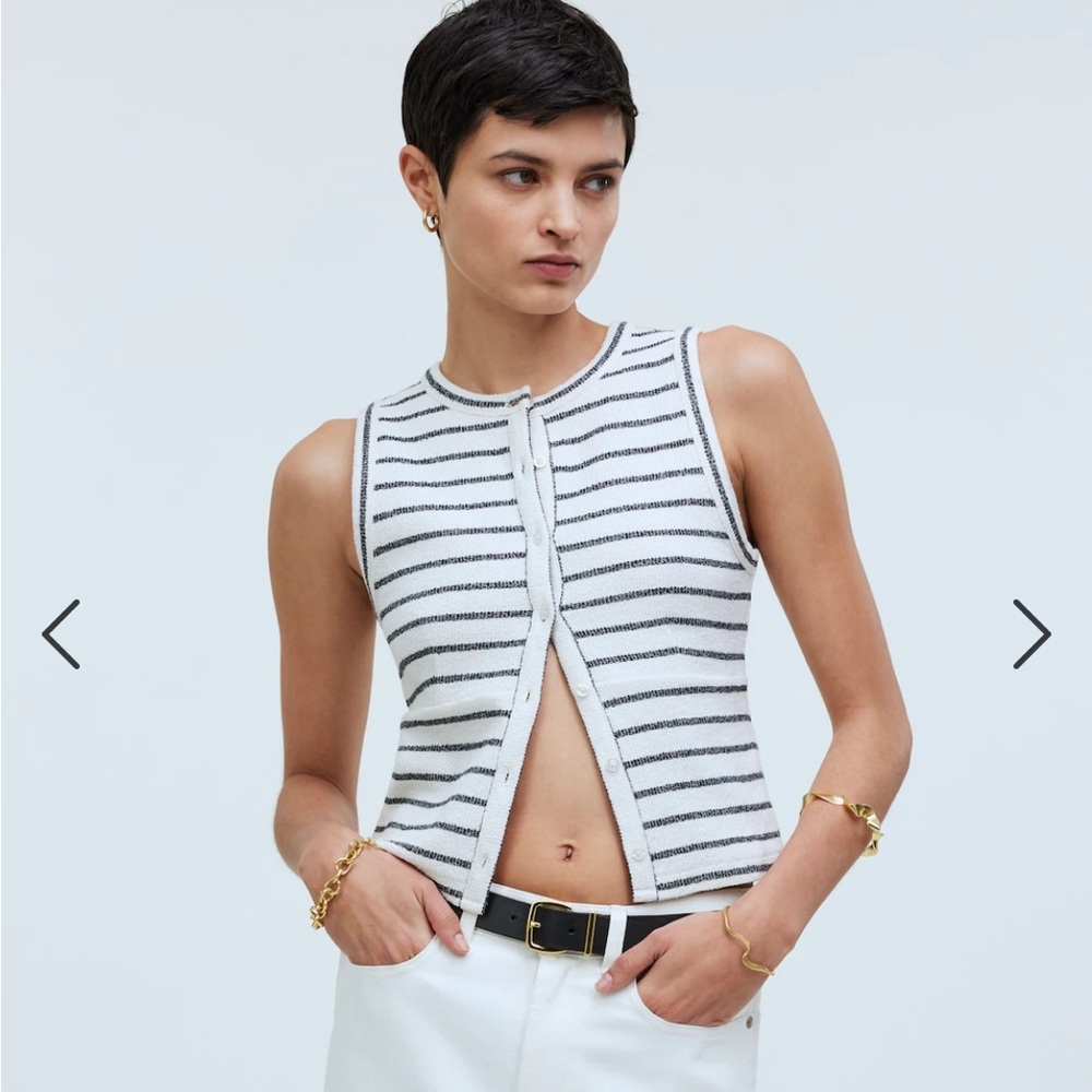 Madewell Tank Women's Small White Stripe Split Crewneck Cardigan Cotton Ribbed